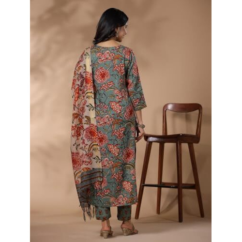 ANNI DESIGNER Women's Rayon Blend Printed Straight Kurta with Pant & Dupatta (FTA Green-NB_M_Green_Medium)