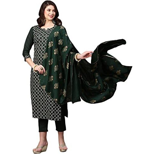 ANNI DESIGNER Women's Cotton Blend Embroidered Straight Kurta with Pant & Dupatta (MYSURU-Dark GREEN-Nw04_3XL_Dark Green_XXX-Large)