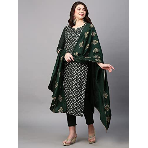 ANNI DESIGNER Women's Cotton Blend Embroidered Straight Kurta with Pant & Dupatta (MYSURU-Dark GREEN-Nw04_3XL_Dark Green_XXX-Large)
