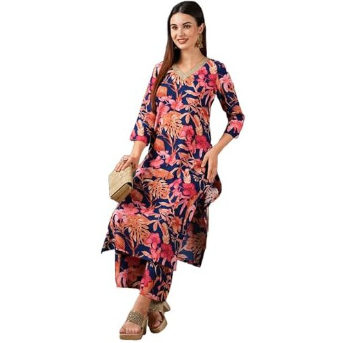ANNI DESIGNER Women's Cotton Blend Straight Printed Kurta with Palazzo (Chinki Blue-NW_S_Blue_Small)