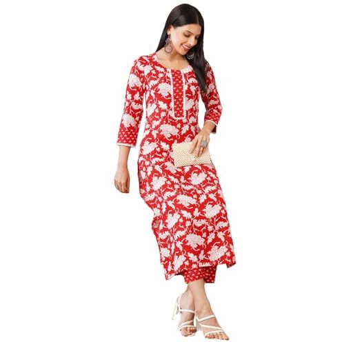 ANNI DESIGNER Women's Cotton Blend Printed Straight Kurta with Pant (Pustak Red-VKS05_XXL_Red_XX-Large)