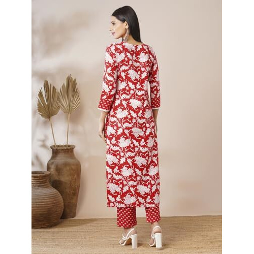 ANNI DESIGNER Women's Cotton Blend Printed Straight Kurta with Pant (Pustak Red-VKS05_XXL_Red_XX-Large)