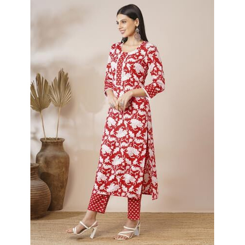 ANNI DESIGNER Women's Cotton Blend Printed Straight Kurta with Pant (Pustak Red-VKS05_XXL_Red_XX-Large)