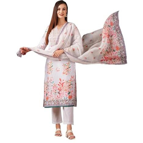 ANNI DESIGNER Women's Cotton Blend Straight Printed Kurta with Pant & Dupatta (Try Cream_XXL_Cream_XX-Large)