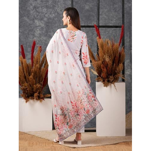 ANNI DESIGNER Women's Cotton Blend Straight Printed Kurta with Pant & Dupatta (Try Cream_XXL_Cream_XX-Large)
