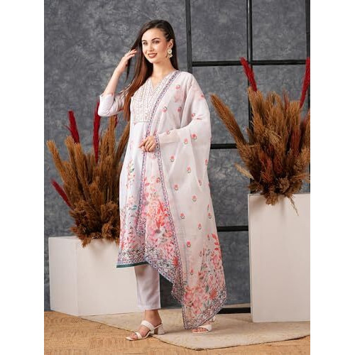 ANNI DESIGNER Women's Cotton Blend Straight Printed Kurta with Pant & Dupatta (Try Cream_XXL_Cream_XX-Large)