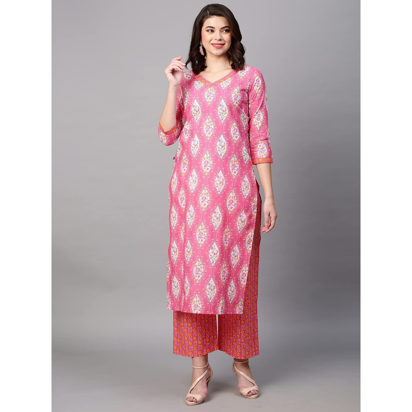 ANNI DESIGNER Women's Cotton Blend Traditional Straight Printed Kurta with Pant Set (Natak Pink-FBF001_M_Pink_Medium)