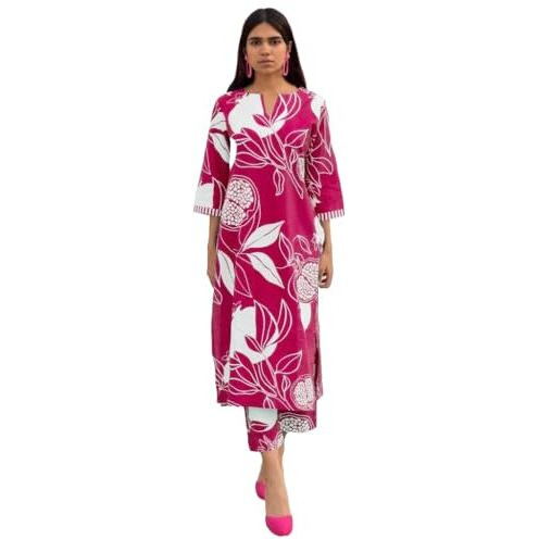ANNI DESIGNER Women's Cotton Blend Straight Printed Kurta with Pant (ANAAR-Rani-NW_M_Pink_Medium)