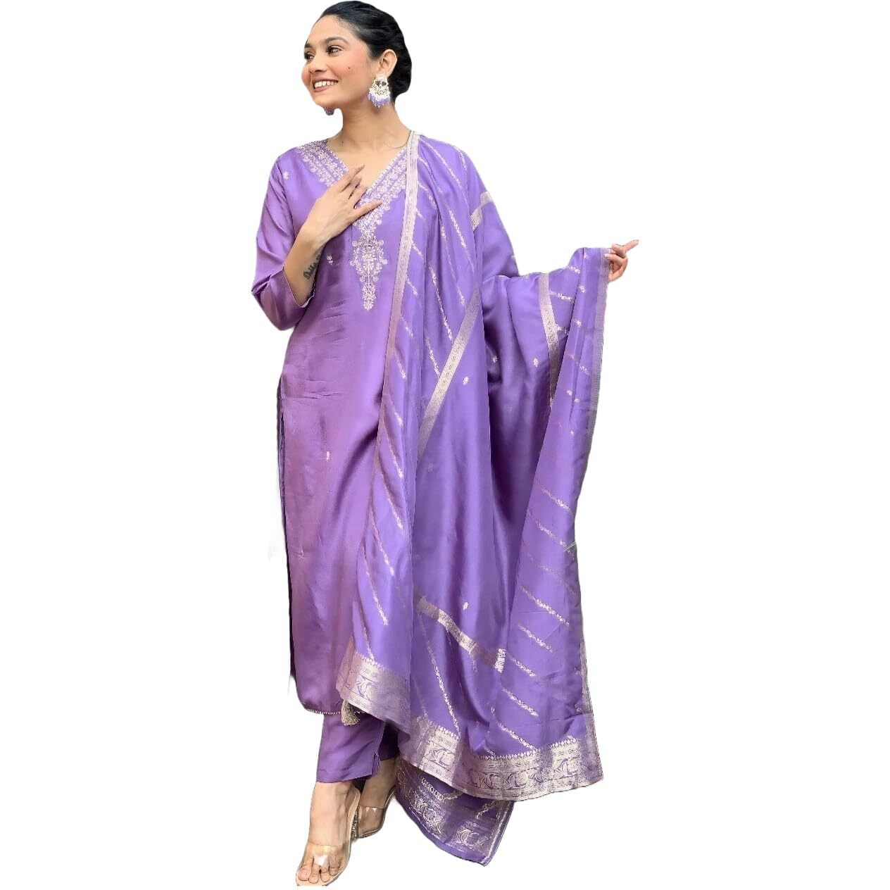 ANNI DESIGNER Women's Rayon Viscose Embroidered Straight Kurta with Pant & Dupatta (PARITOSH Purple_XXL_Purple_XX-Large)