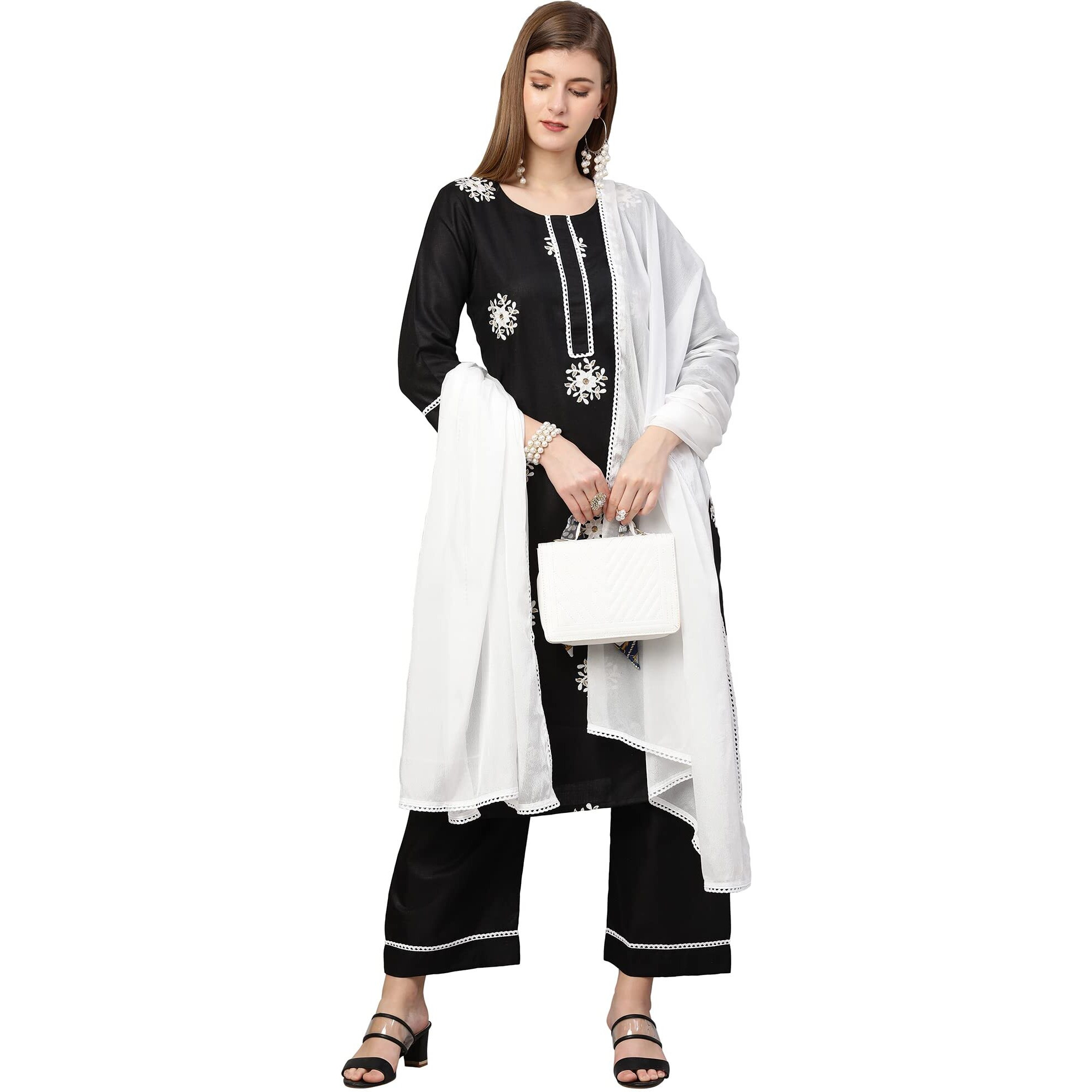 ANNI DESIGNER Women's Cotton Blend Straight Kurta with Palazzo & Dupatta (Saadgi Black_L_Black_Large)