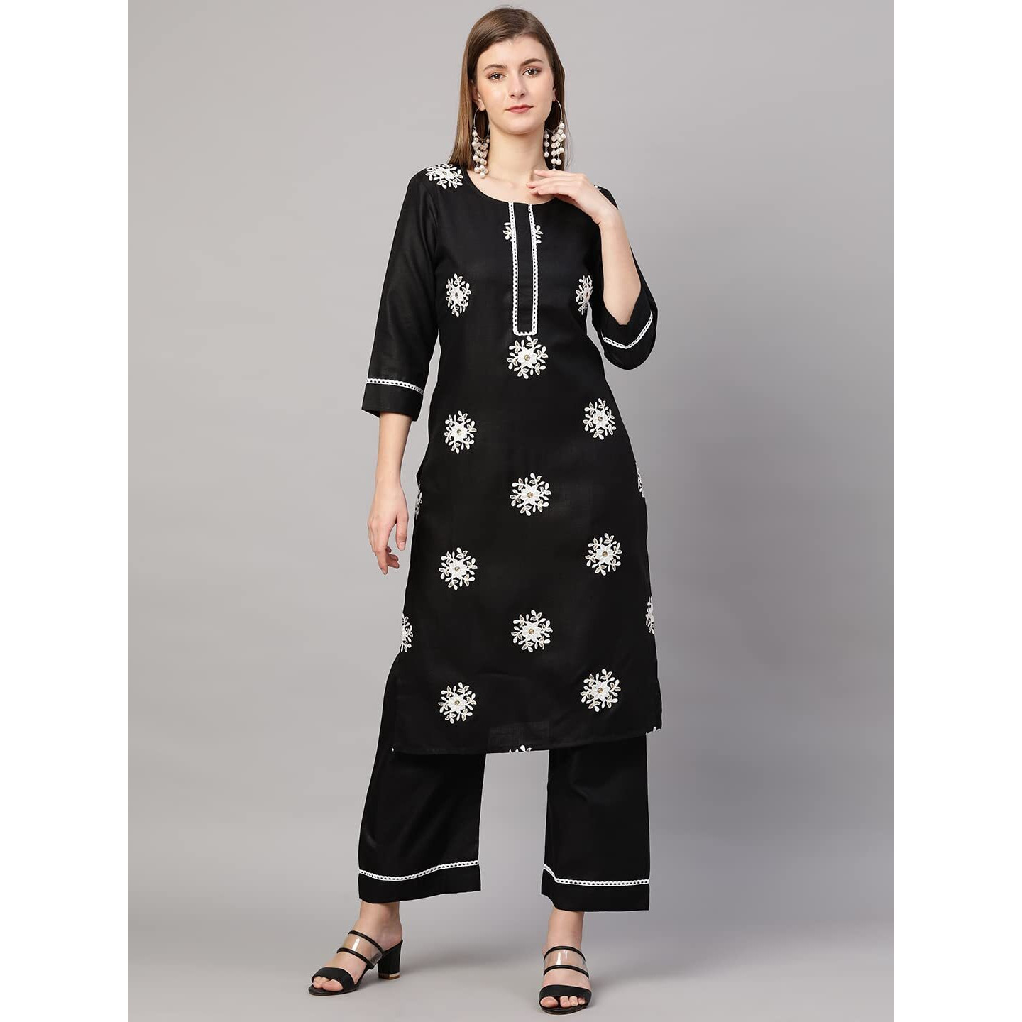 ANNI DESIGNER Women's Cotton Blend Straight Kurta with Palazzo & Dupatta (Saadgi Black_L_Black_Large)