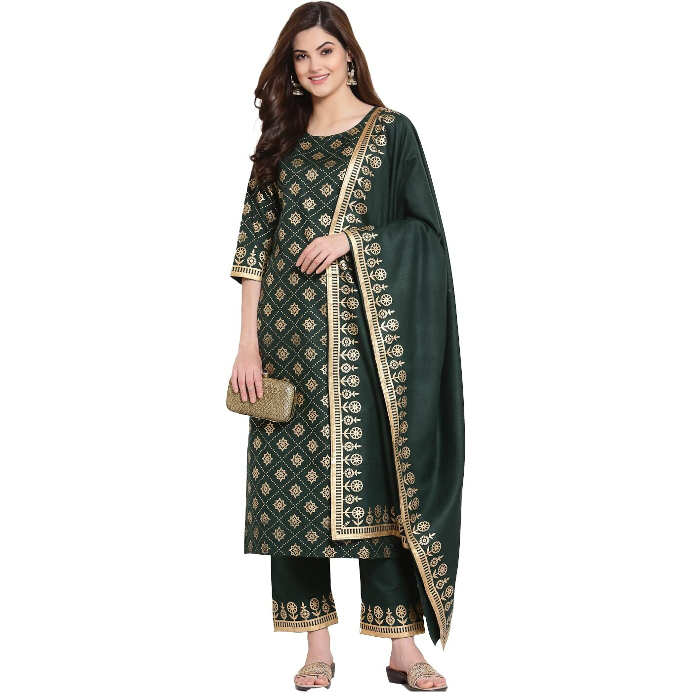 ANNI DESIGNER Women's Straight Cotton Kurta with Palazzo & Dupatta (NAVLIK-Dark GREEN-001_S_Dark Green_Small)
