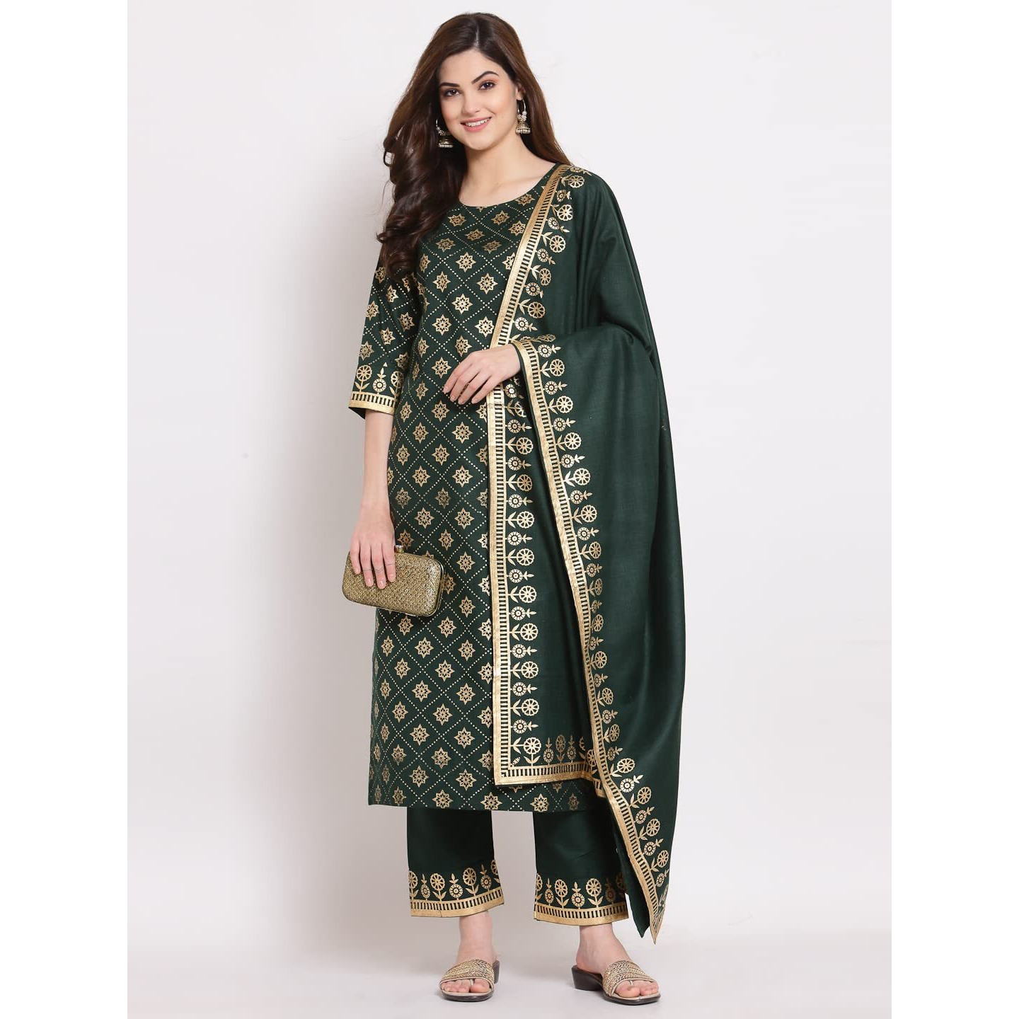 ANNI DESIGNER Women's Straight Cotton Kurta with Palazzo & Dupatta (NAVLIK-Dark GREEN-001_S_Dark Green_Small)