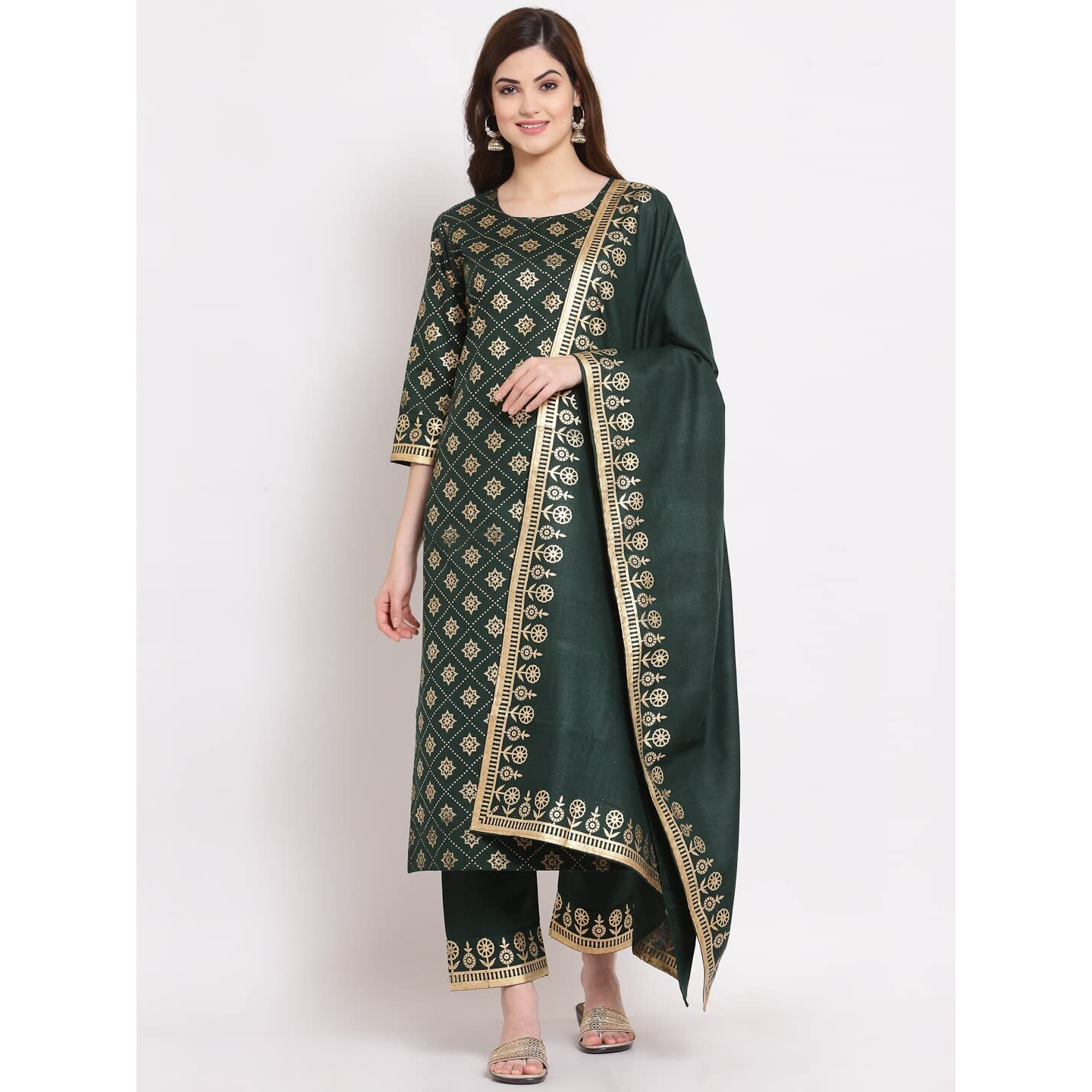 ANNI DESIGNER Women's Straight Cotton Kurta with Palazzo & Dupatta (NAVLIK-Dark GREEN-001_S_Dark Green_Small)