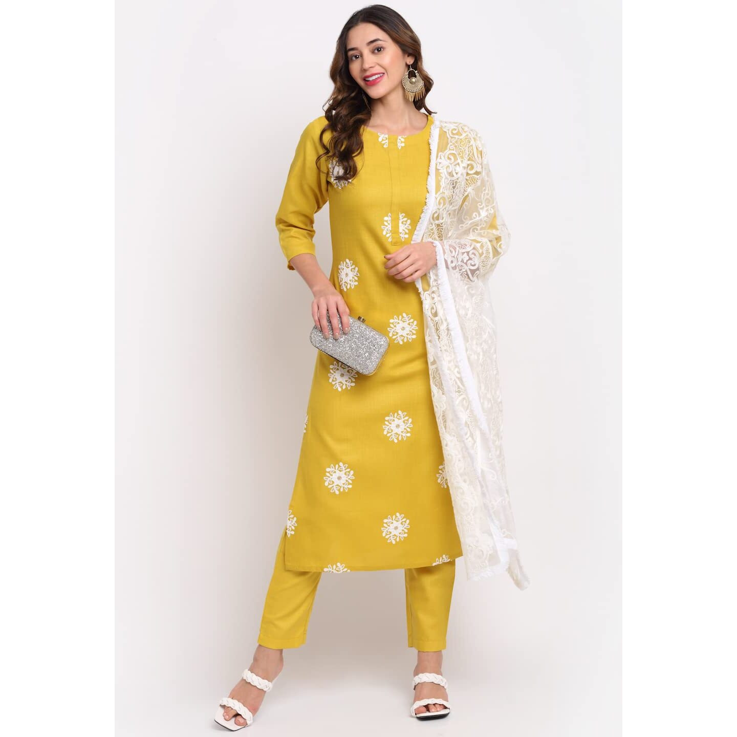 ANNI DESIGNER Women's Cotton Straight Kurta with Pant & Dupatta (KPTD-COT-10003-YELLOW_L_Yellow_Large)