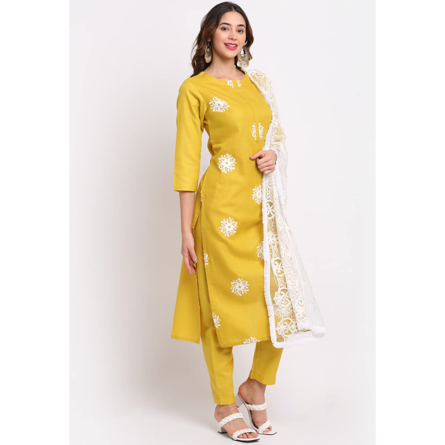 ANNI DESIGNER Women's Cotton Straight Kurta with Pant & Dupatta (KPTD-COT-10003-YELLOW_L_Yellow_Large)