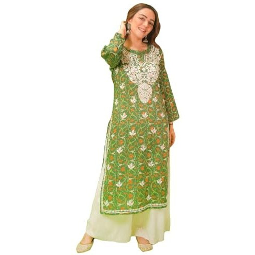 ANNI DESIGNER Women's Rayon Blend Straight Chikankari Embroidered Kurta (Nakusha Green-NW_XXL_Green_XX-Large)