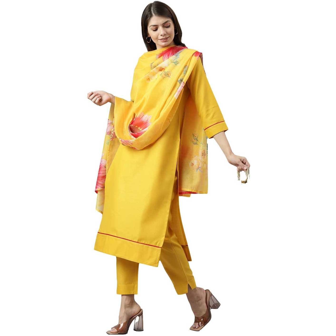ANNI DESIGNER Women's Polycotton Straight Kurta with Pant & Dupatta (Nilesh Yellow_M_NEW01_Yellow_Medium)