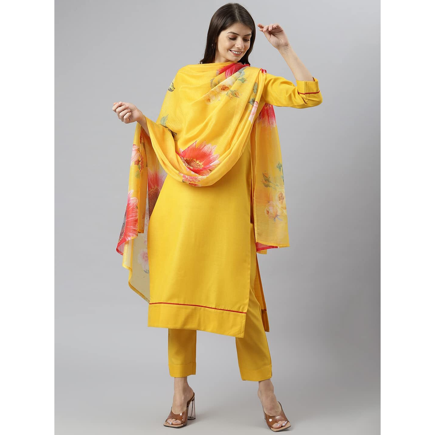 ANNI DESIGNER Women's Polycotton Straight Kurta with Pant & Dupatta (Nilesh Yellow_M_NEW01_Yellow_Medium)