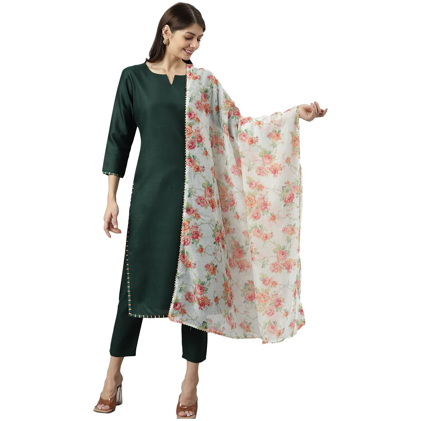 ANNI DESIGNER Women's Polycotton Straight Kurta with Pant & Dupatta (Amrik Dark Green_XL_NEW01_Green_X-Large)