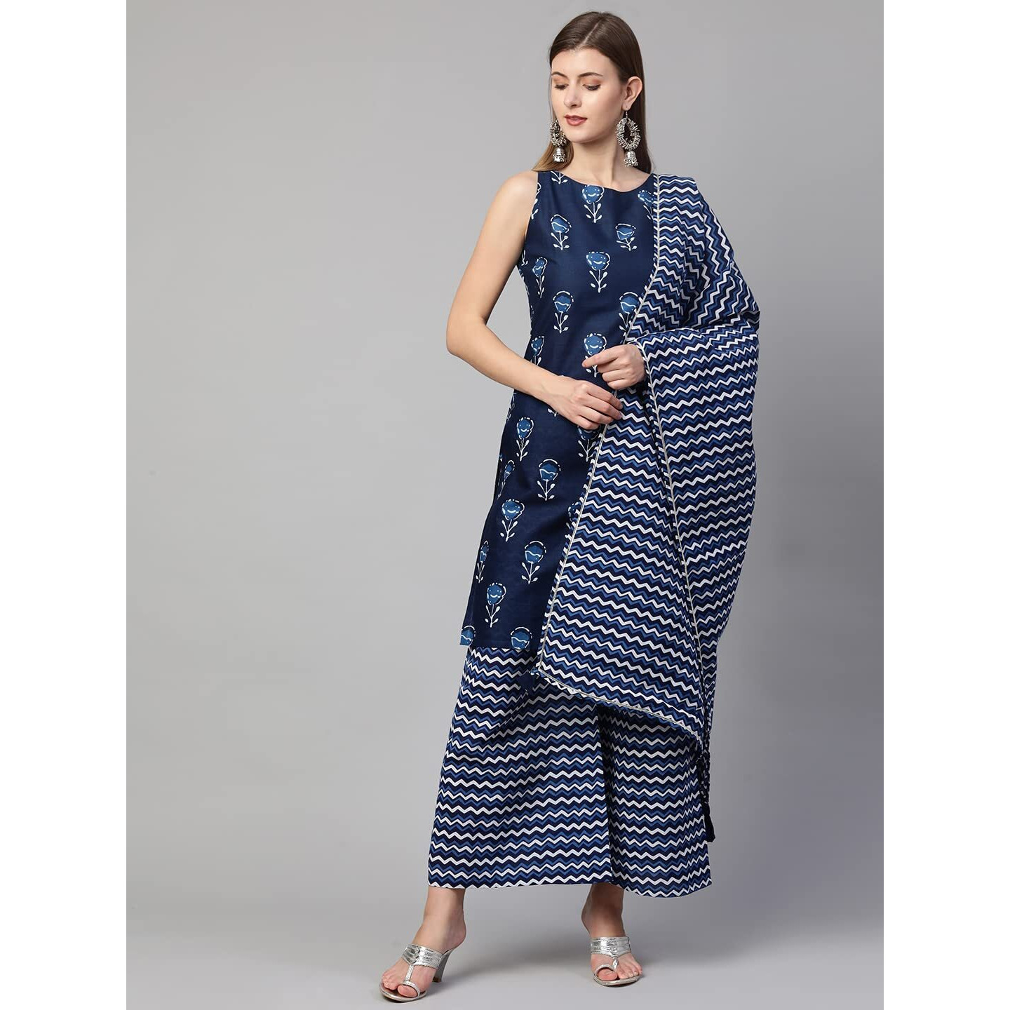 ANNI DESIGNER Women's Cotton Straight Kurta with Palazzo & Dupatta (KPZD-COT-10060-BLUE_M_Blue_Medium)