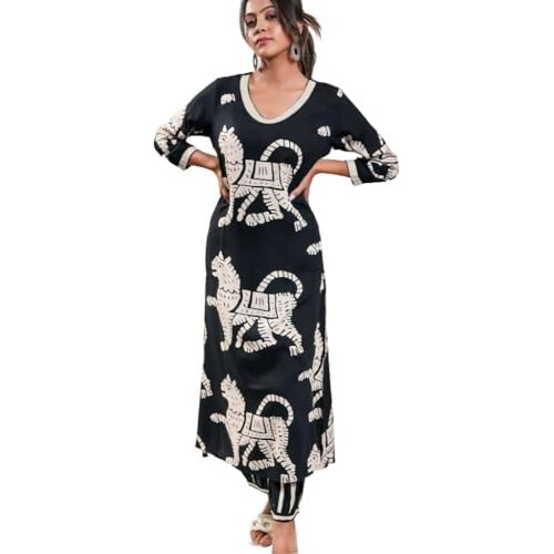 ANNI DESIGNER Women's Cotton Blend Straight Printed Kurta with Pant (Lanka-Black-NS_S_Black_Small)