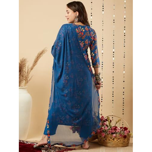 ANNI DESIGNER Women's Cotton Blend Printed Straight Kurta and Pant with Dupatta Set (KALEPING-KEROSIN_L_Dark Blue_Large)