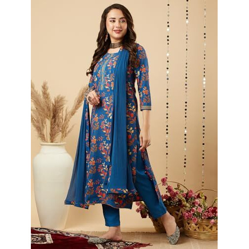 ANNI DESIGNER Women's Cotton Blend Printed Straight Kurta and Pant with Dupatta Set (KALEPING-KEROSIN_L_Dark Blue_Large)