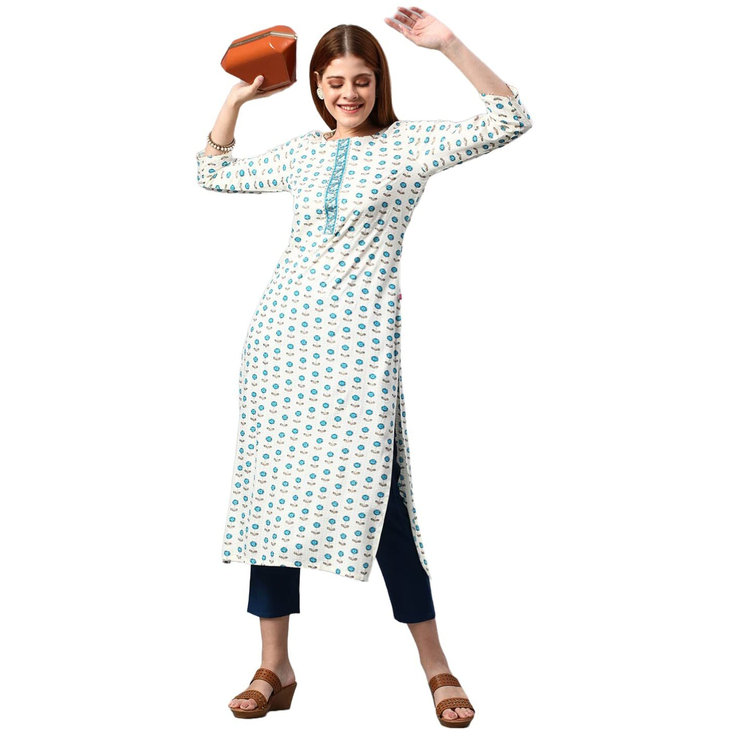 ANNI DESIGNER Women's Cotton Blend Traditional Straight Printed Kurta and Pant Set (AMD 32-White_L_White_Large)