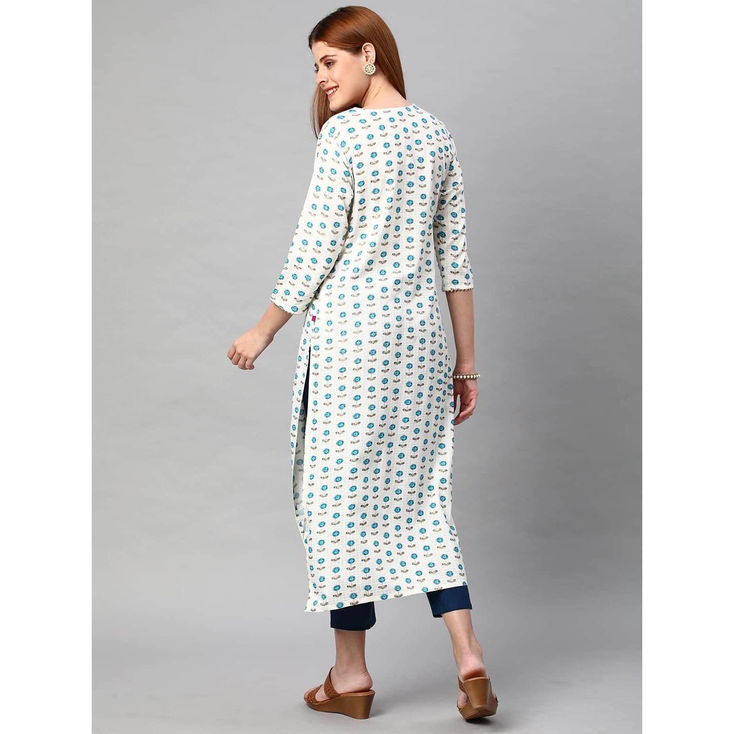 ANNI DESIGNER Women's Cotton Blend Traditional Straight Printed Kurta and Pant Set (AMD 32-White_L_White_Large)