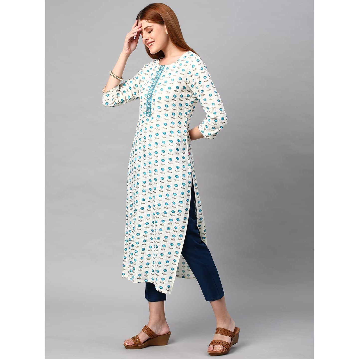 ANNI DESIGNER Women's Cotton Blend Traditional Straight Printed Kurta and Pant Set (AMD 32-White_L_White_Large)