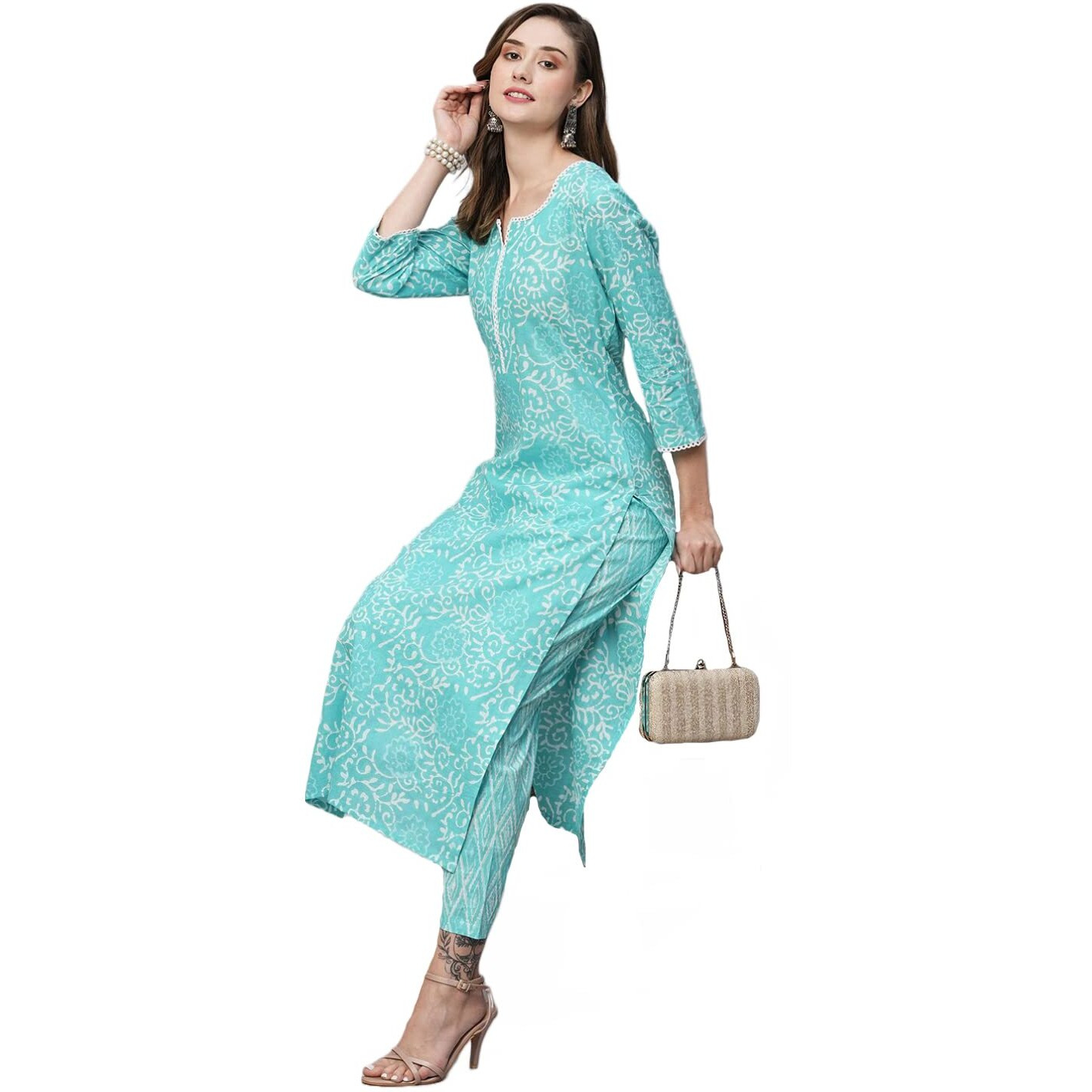 ANNI DESIGNER Women's Cotton Blend Straight Printed Kurta with Pant (Gulika Light Blue-JSW_L_Light Blue_Large)