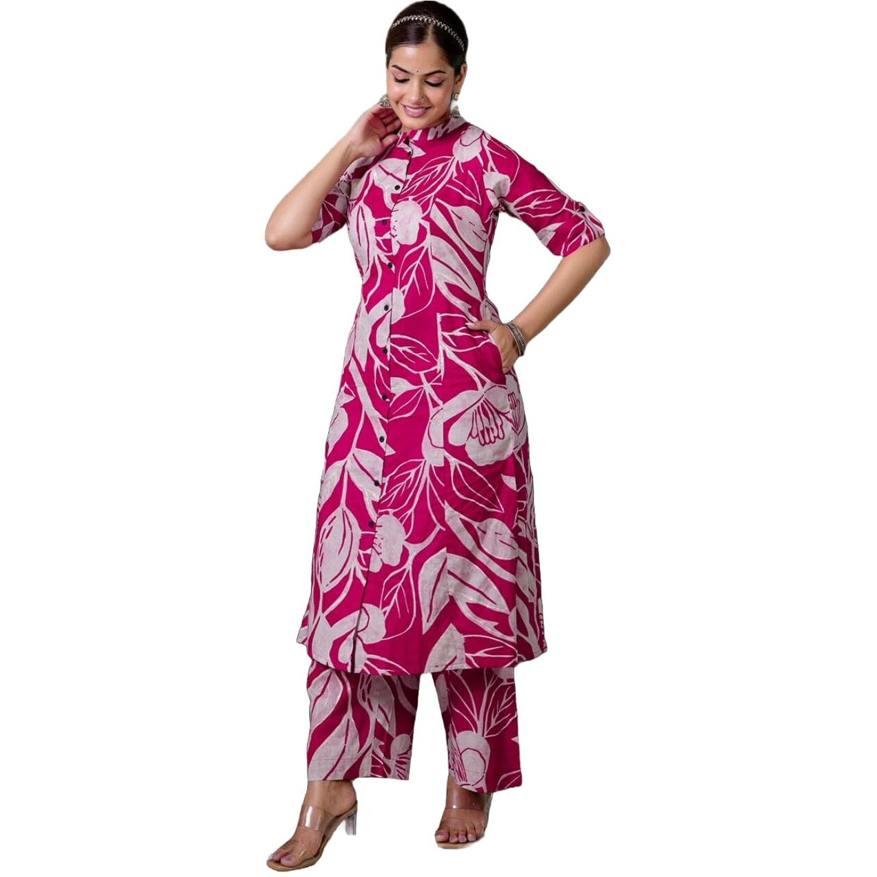 ANNI DESIGNER Women's Rayon Viscose Straight Printed Kurta with Palazzo (Diboli Pink_XXL_Pink_XX-Large)