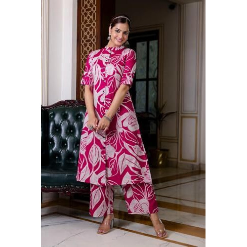 ANNI DESIGNER Women's Rayon Viscose Straight Printed Kurta with Palazzo (Diboli Pink_XXL_Pink_XX-Large)