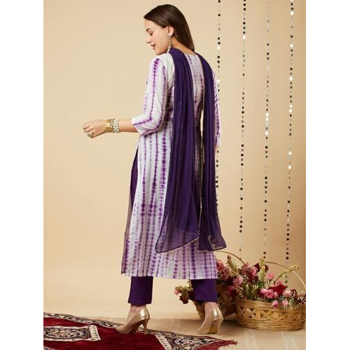 ANNI DESIGNER Women's Cotton Blend Straight Printed Kurta with Pant & Dupatta (Tiedye-BEGANI_5XL_Violet_XXXXX-Large)