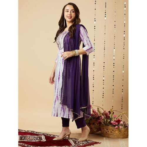 ANNI DESIGNER Women's Cotton Blend Straight Printed Kurta with Pant & Dupatta (Tiedye-BEGANI_5XL_Violet_XXXXX-Large)