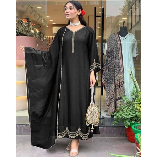 ANNI DESIGNER Women's Rayon Viscose Anarkali Embroidered Kurta with Pant & Dupatta (Ranibai Black_M_Black_Medium)