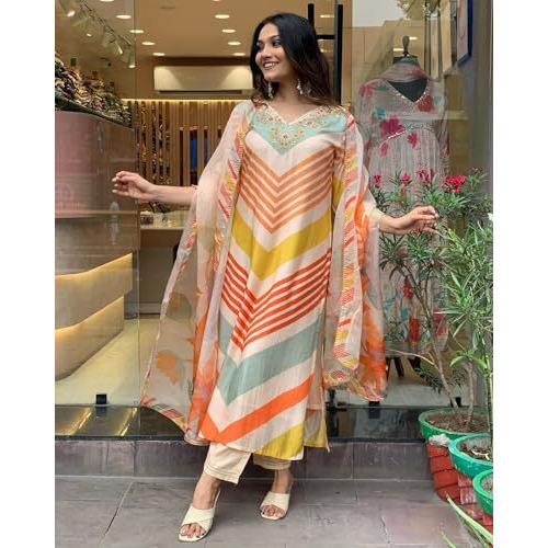 ANNI DESIGNER Women's Cotton Blend Straight Printed Kurta with Pant & Dupatta (Dhimi Cream-NW_L_Cream_Large)