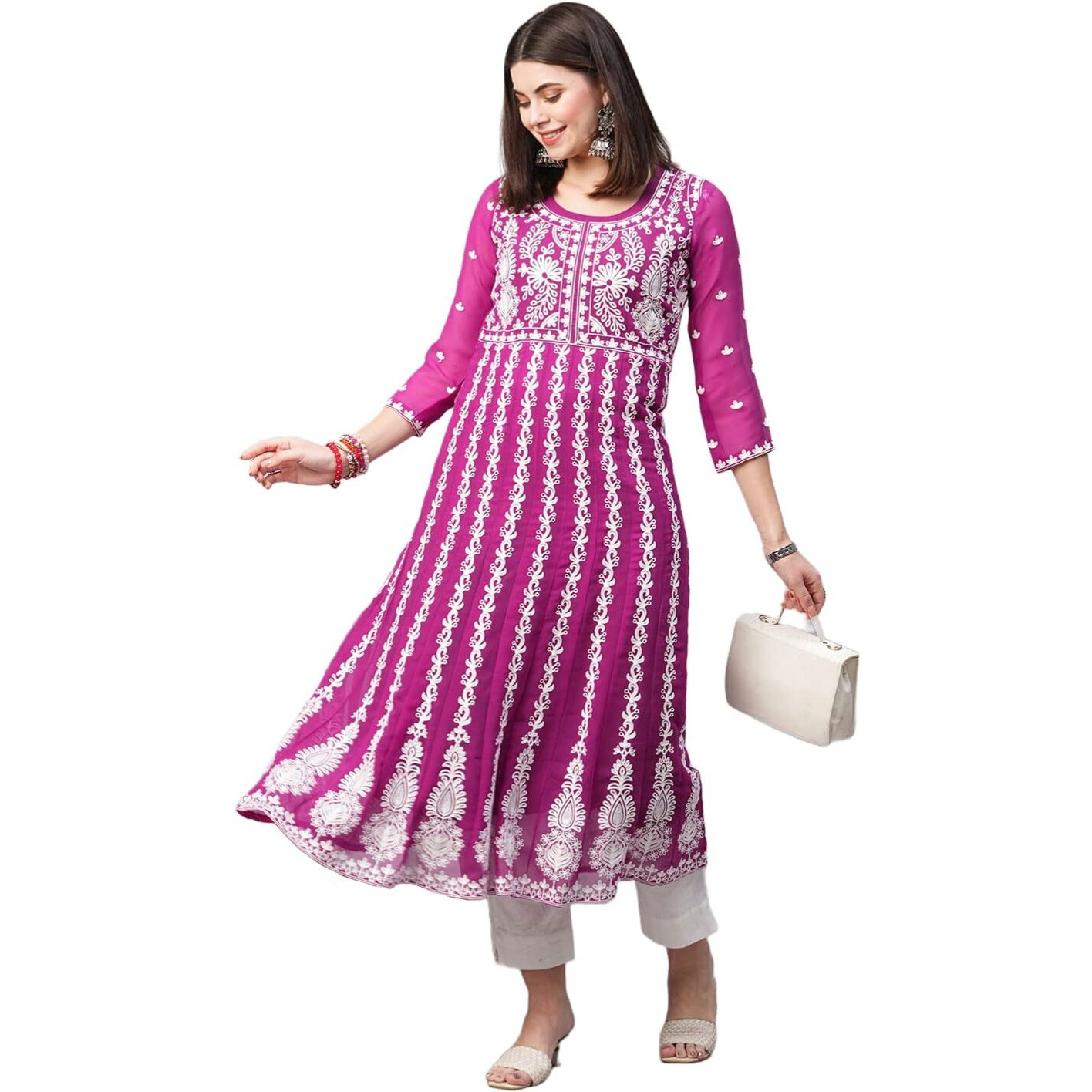 ANNI DESIGNER Women's Georgette Chikankari Embroidered Anarkali Kurti (Naav Pink-Nw2_L_Dark Pink_Large)