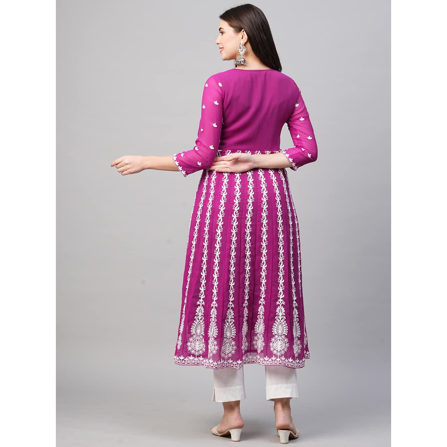 ANNI DESIGNER Women's Georgette Chikankari Embroidered Anarkali Kurti (Naav Pink-Nw2_L_Dark Pink_Large)