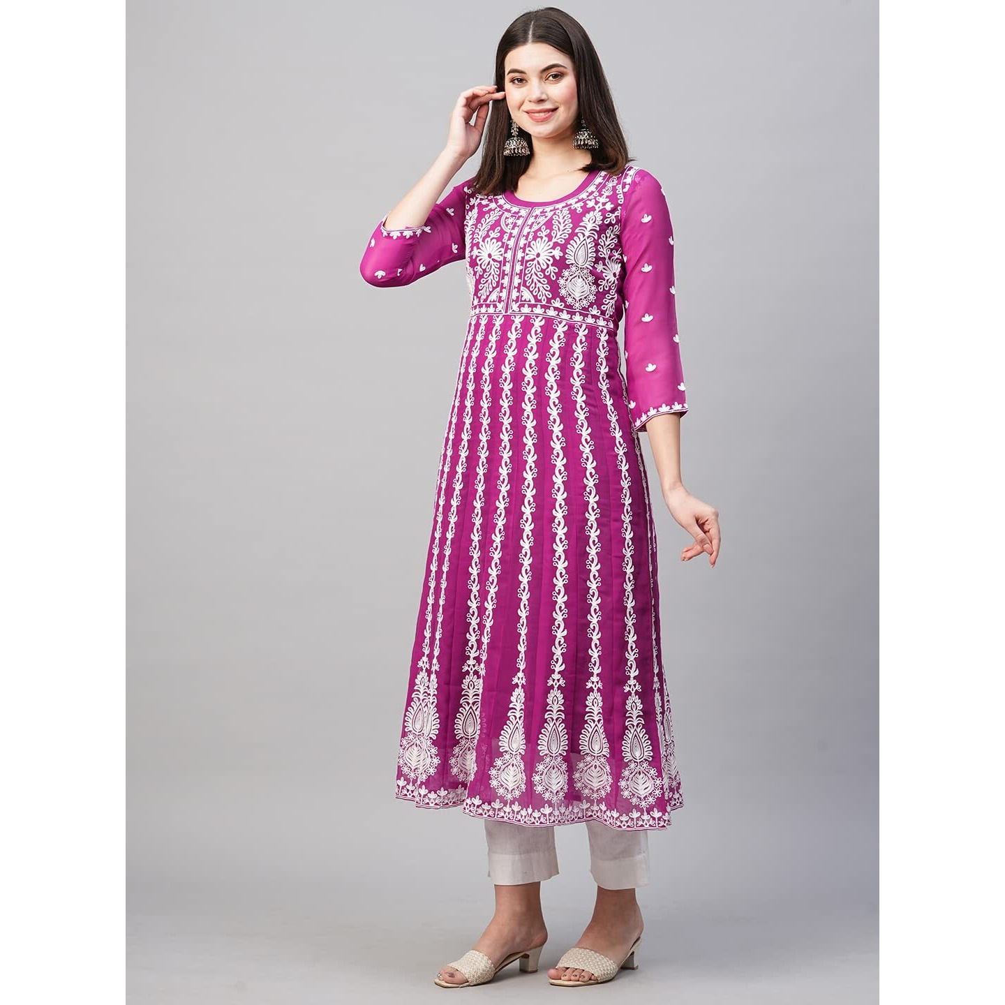 ANNI DESIGNER Women's Georgette Chikankari Embroidered Anarkali Kurti (Naav Pink-Nw2_L_Dark Pink_Large)