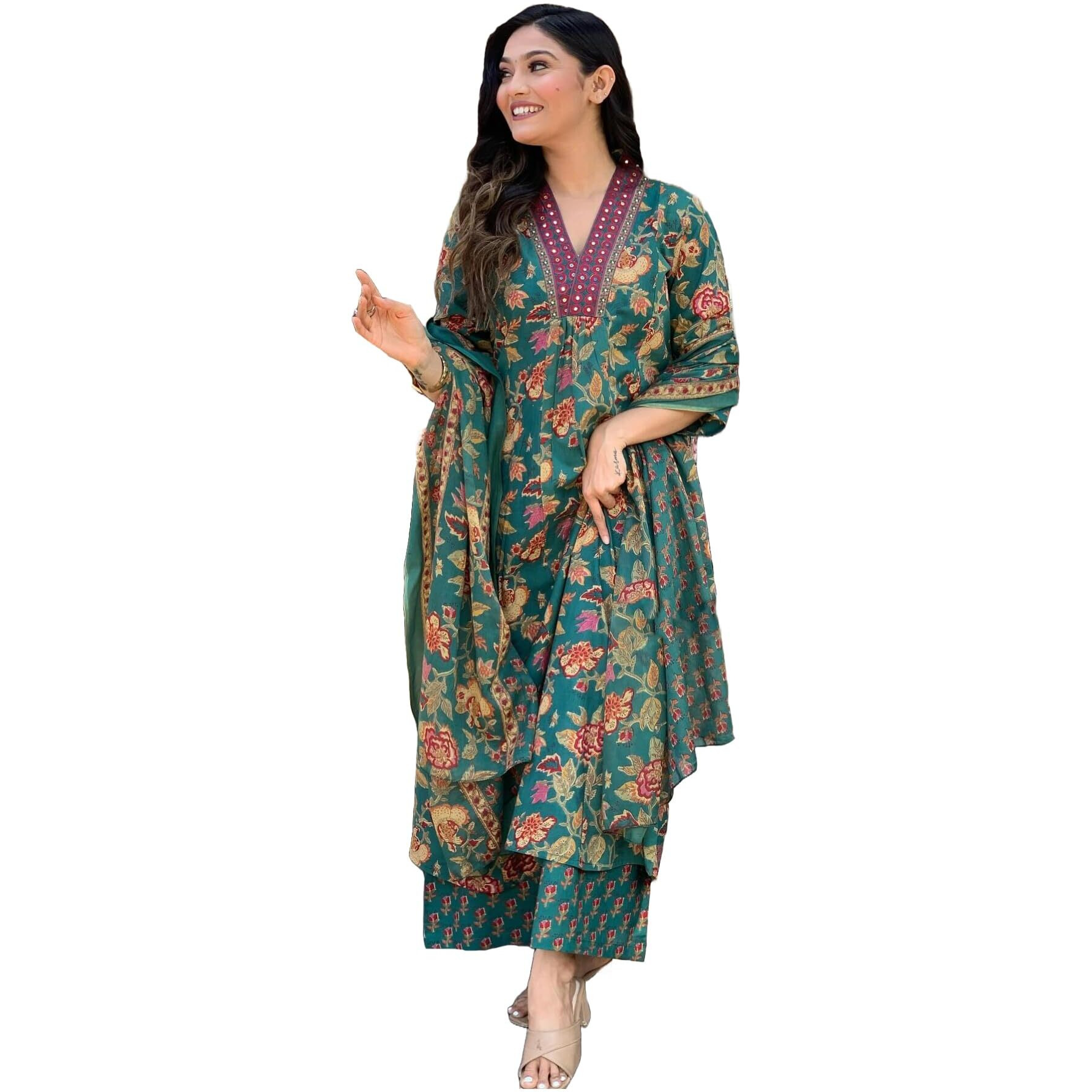 ANNI DESIGNER Women's Rayon Blend Anarkali Printed Kurta with Palazzo & Dupatta (CIA Green_4XL_Green_XXXX-Large)