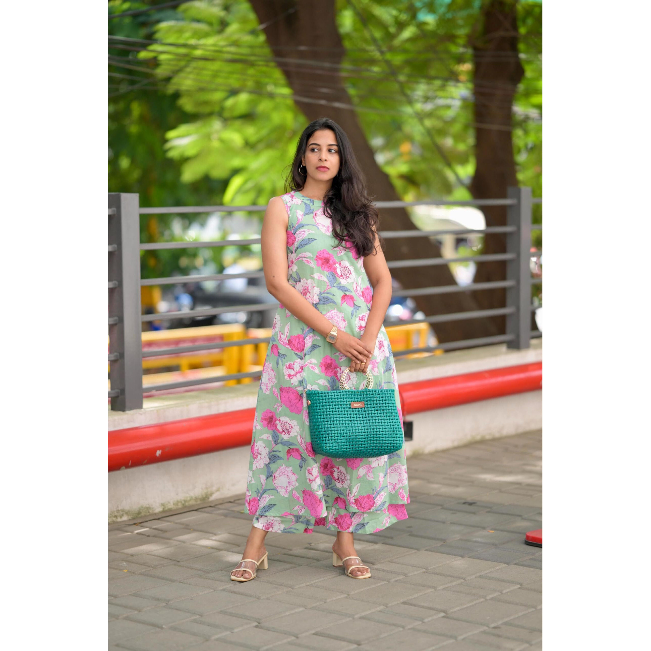 ANNI DESIGNER Women's Rayon Blend Anarkali Printed Kurta with Pant (Thomas Pista_XL_Pista_X-Large)