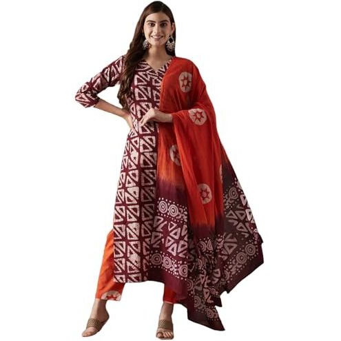 ANNI DESIGNER Women's Cotton Blend Straight Printed Kurta with Pant & Dupatta (Karka Op-Wine-KBV_M_Wine_Medium)