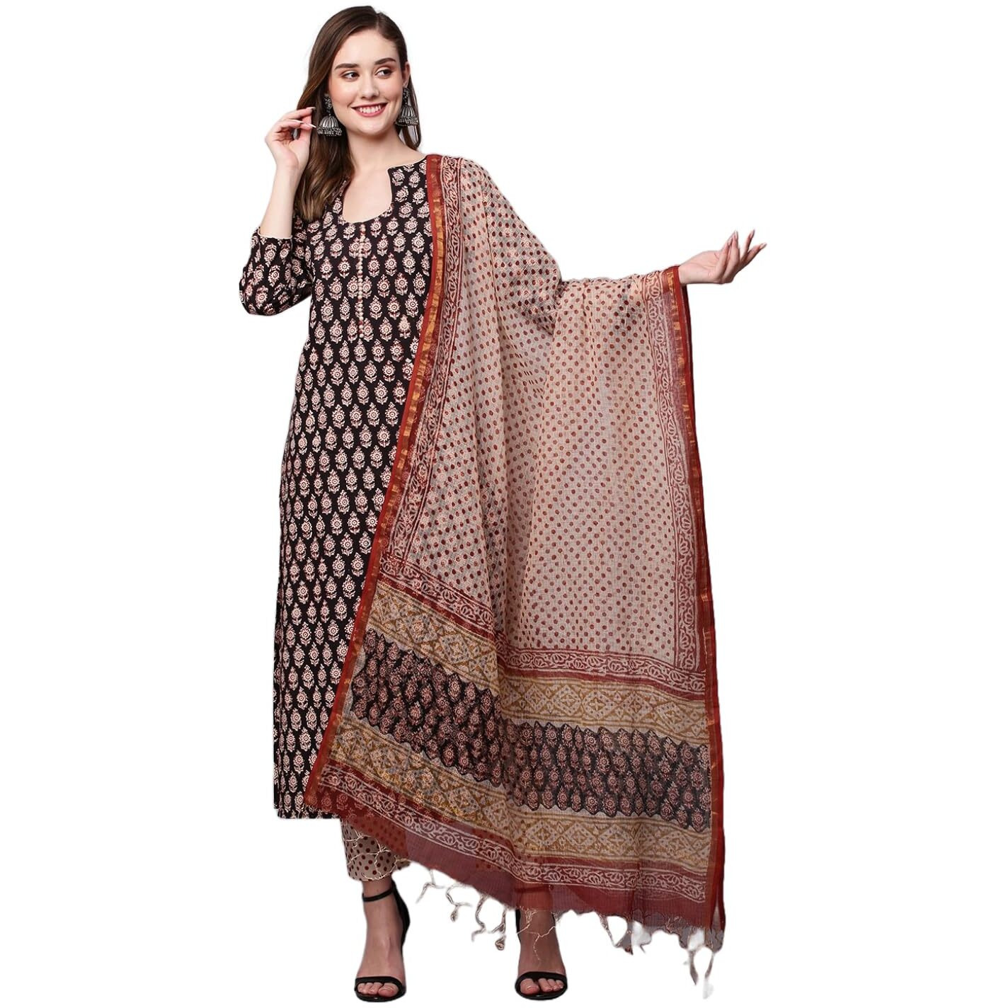 ANNI DESIGNER Women's Cotton Blend Straight Printed Kurta with Pant & Dupatta (Nayantara Black_XXL_Black_XX-Large)