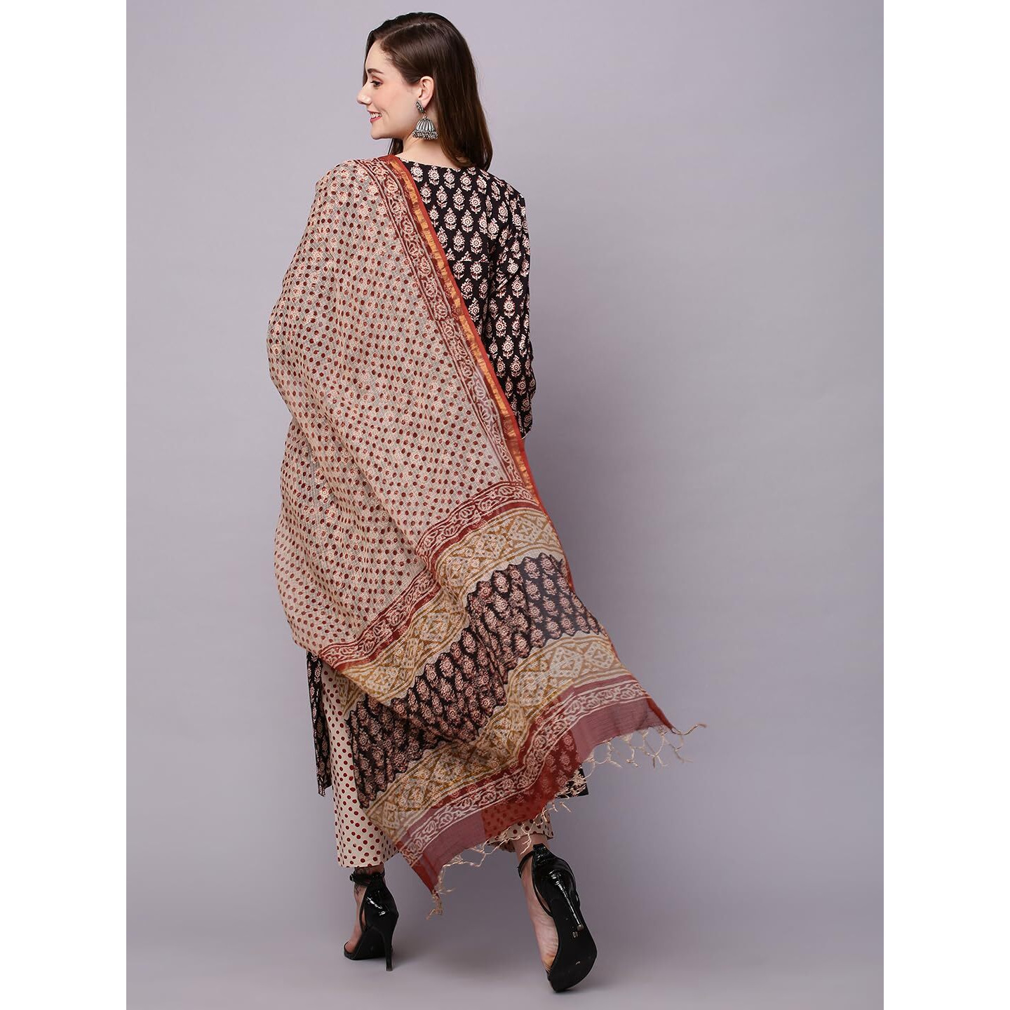 ANNI DESIGNER Women's Cotton Blend Straight Printed Kurta with Pant & Dupatta (Nayantara Black_XXL_Black_XX-Large)