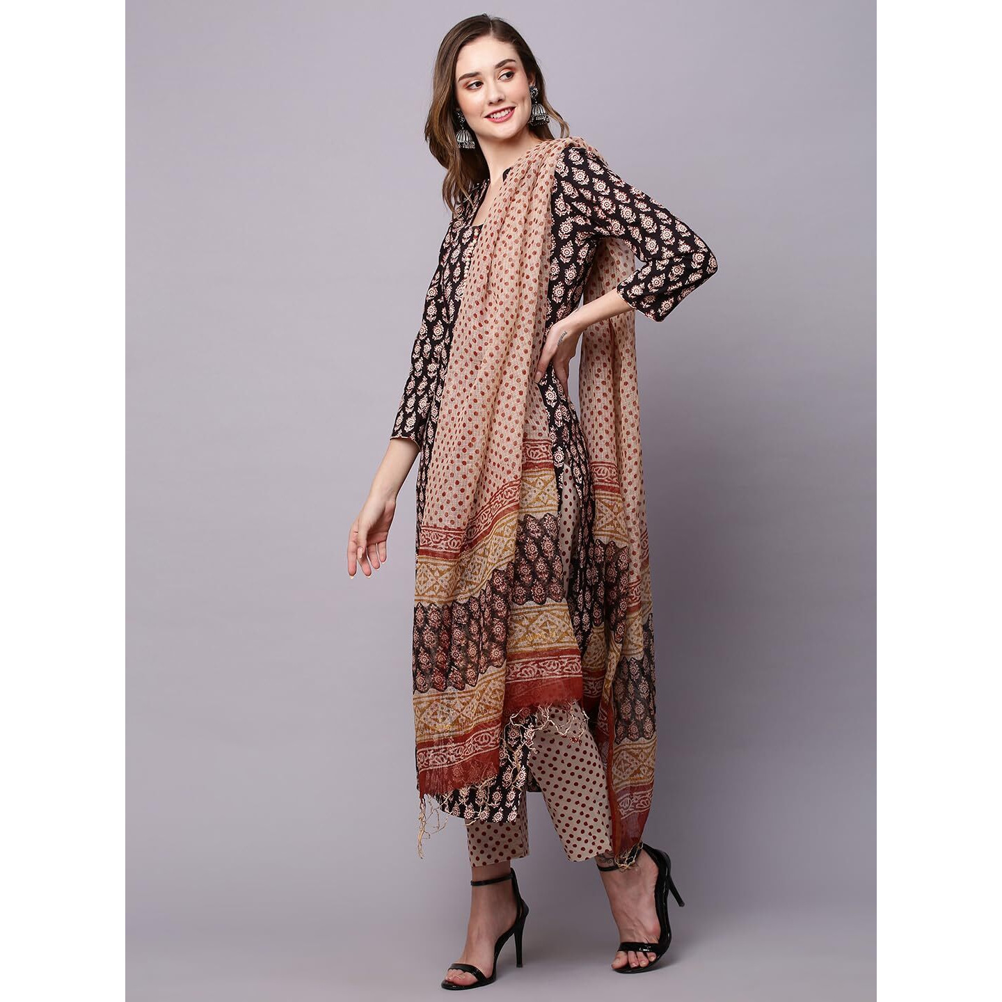 ANNI DESIGNER Women's Cotton Blend Straight Printed Kurta with Pant & Dupatta (Nayantara Black_XXL_Black_XX-Large)
