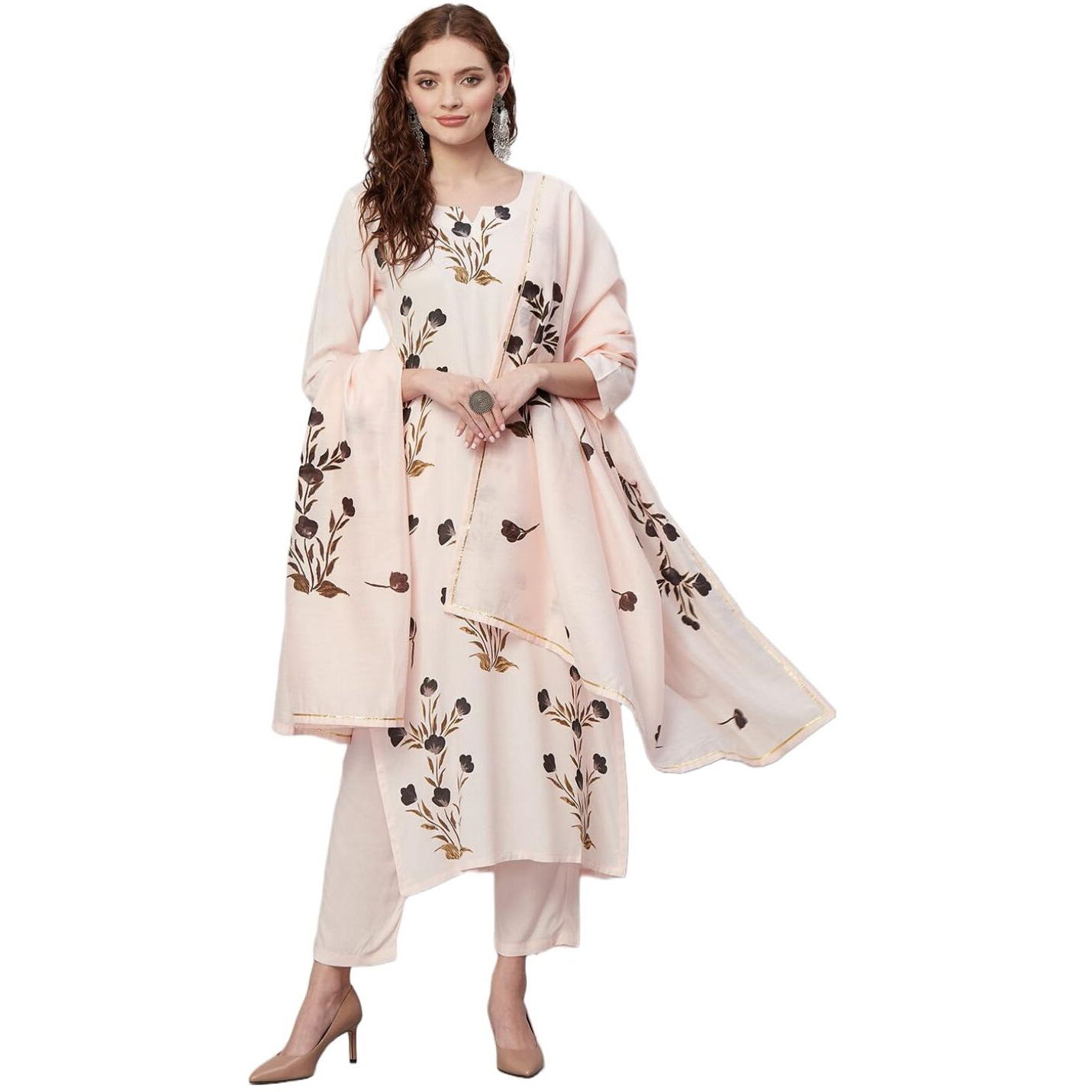 ANNI DESIGNER Women's Cotton Blend Straight Printed Kurta with Pant & Dupatta (Brush-Peach-KNW_XL_Peach_X-Large)