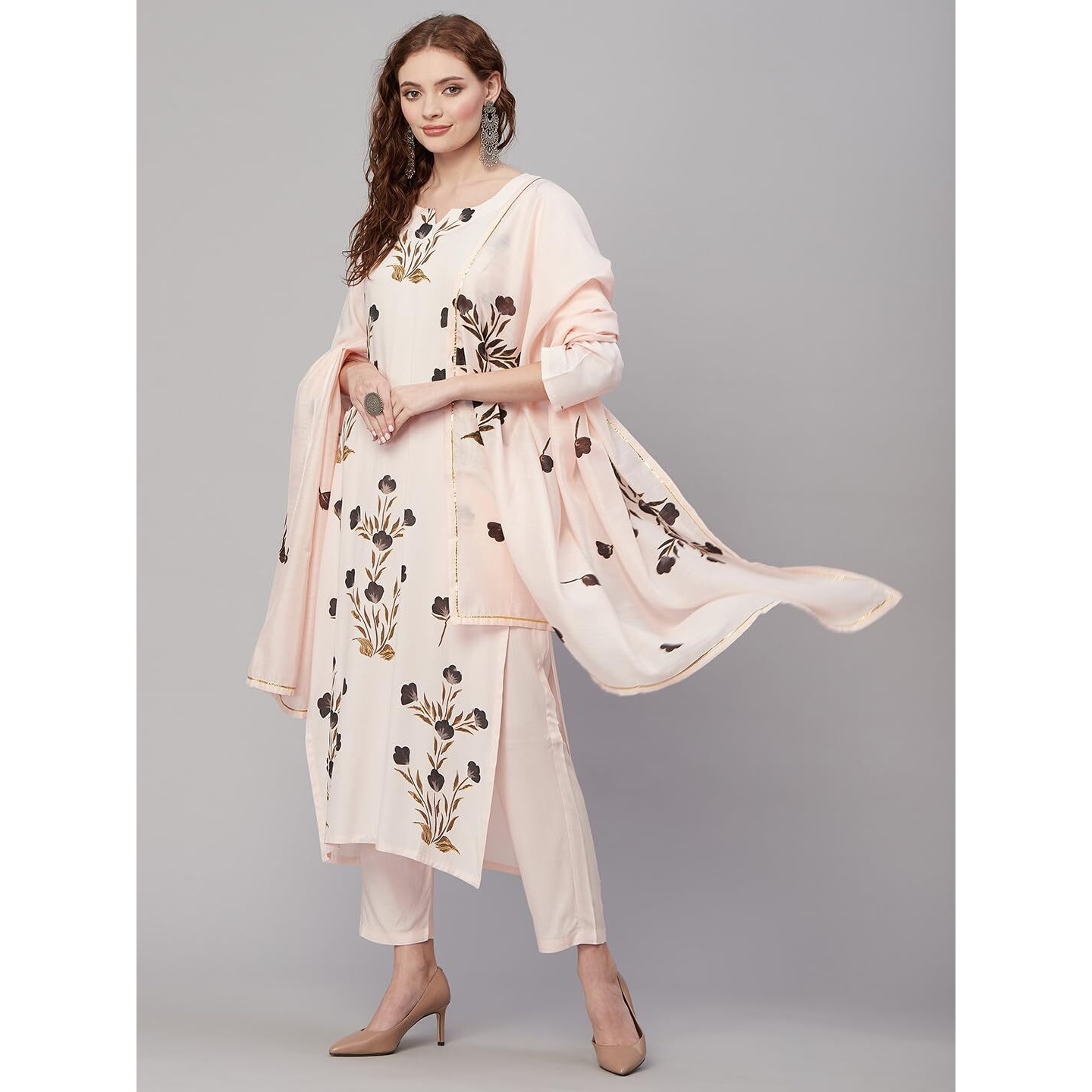 ANNI DESIGNER Women's Cotton Blend Straight Printed Kurta with Pant & Dupatta (Brush-Peach-KNW_XL_Peach_X-Large)