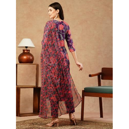 ANNI DESIGNER Women's Cotton Blend Straight Printed Kurta with Pant & Dupatta (Fataki Purple_XXL_Purple_XX-Large)